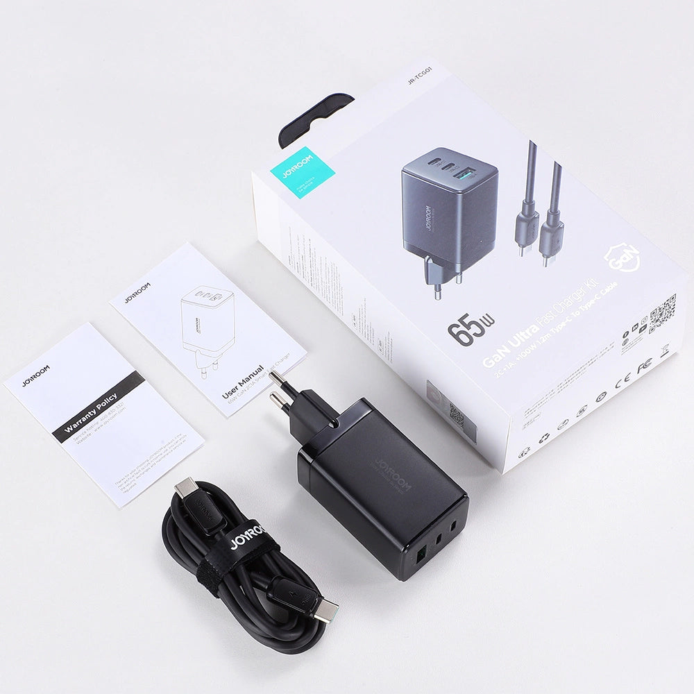 Punjač za mrežu s USB-C kabelom Joyroom TCG01, 65W, 3.25A, 1 x USB-A - 2 x USB-C, Crni