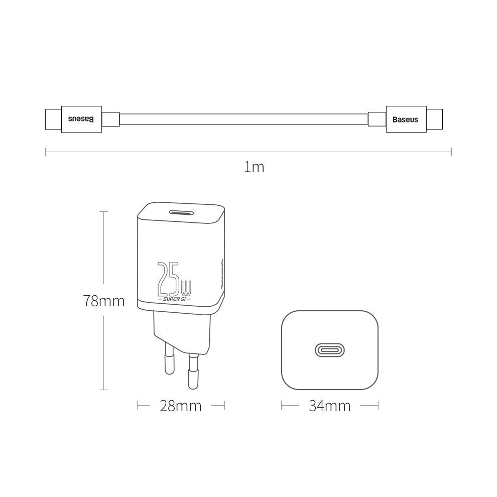 Punjač za mrežu s USB-C kabelom Baseus Super Si, 25W, 3A, 1 x USB-C, crni TZCCSUP-L01