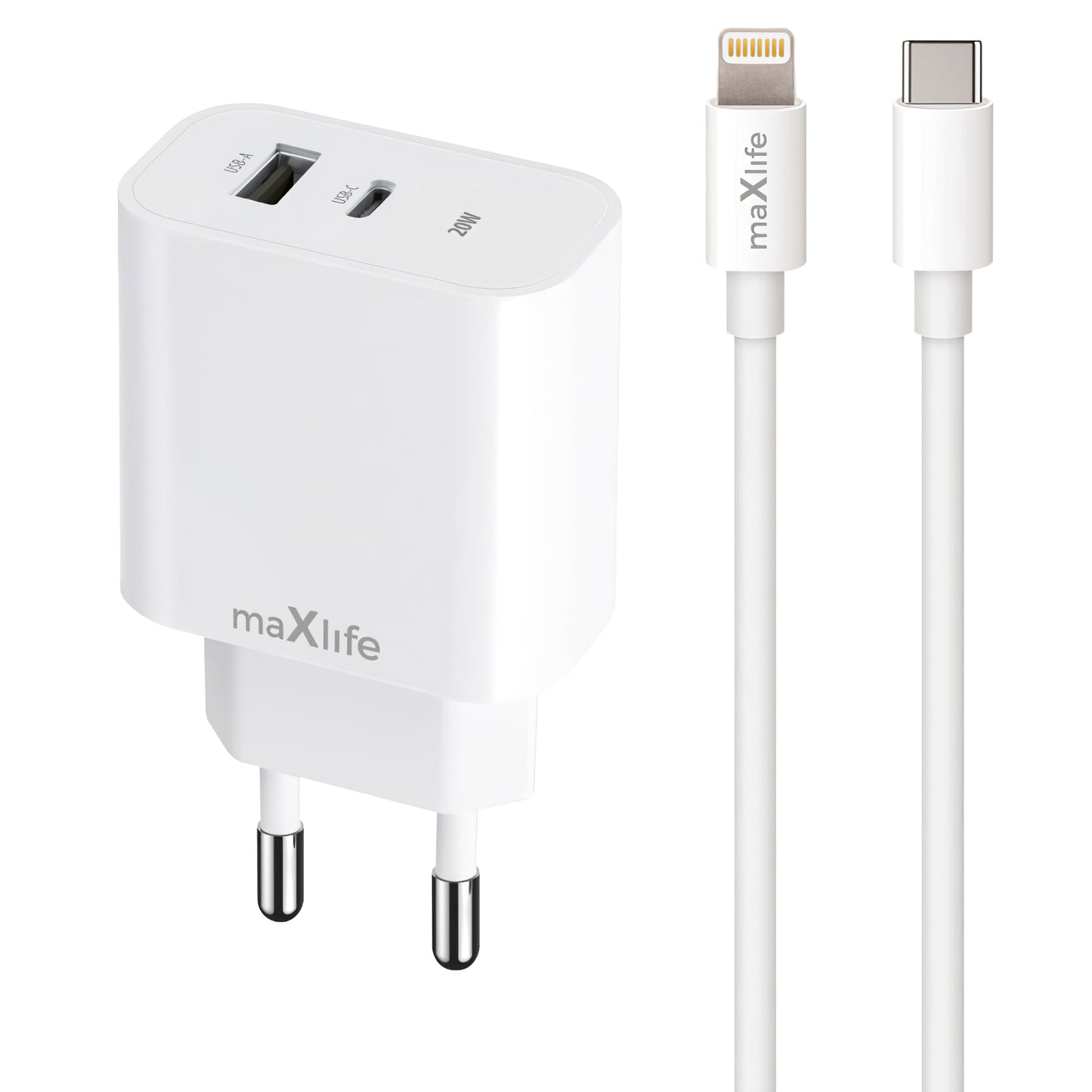 Punjač za mrežu s Lightning kabelom MaXlife MXTC-06-20AC, 20W, 3A, 1 x USB-A - 1 x USB-C, Bijeli