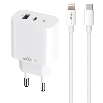 Punjač za mrežu s Lightning kabelom MaXlife MXTC-06-20AC, 20W, 3A, 1 x USB-A - 1 x USB-C, Bijeli