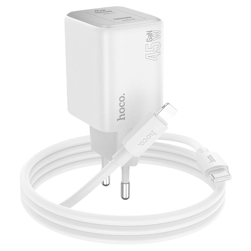 Mrežni punjač s Lightning kabelom HOCO N42, 45W, 3A, 2 x USB-C, Bijeli