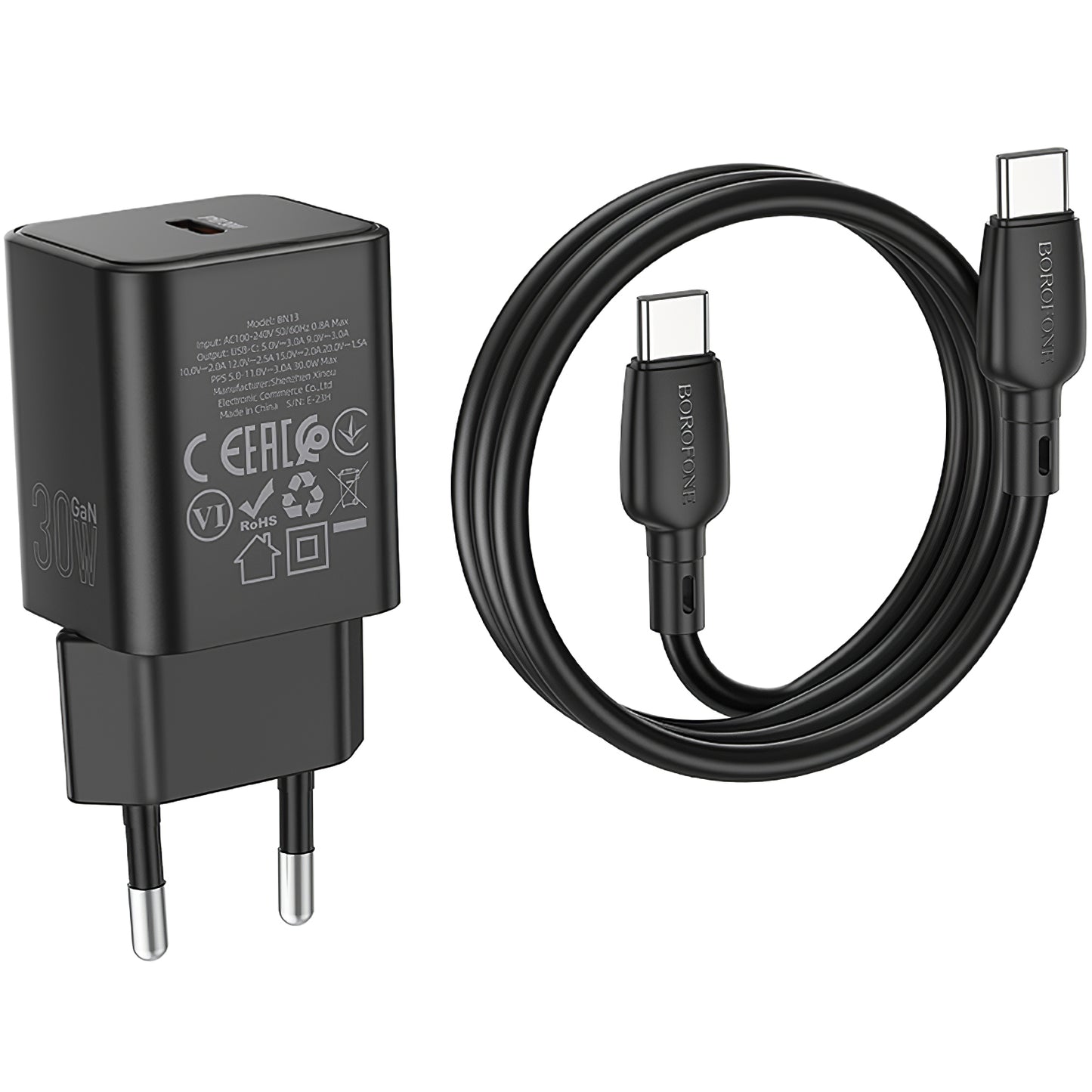 Punjač za mrežu s USB-C kabelom Borofone BN13 Safety, 30W, 3A, 1 x USB-C, crni