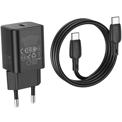 Punjač za mrežu s USB-C kabelom Borofone BN13 Safety, 30W, 3A, 1 x USB-C, crni