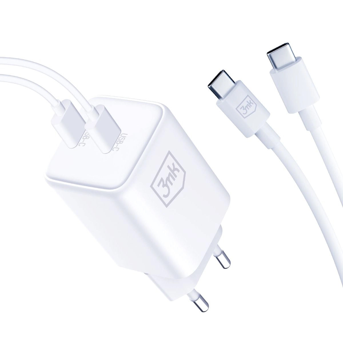 Mrežni punjač s USB-C kabelom 3MK HyperCharger, 45W, 3A, 2 x USB-C, bijeli