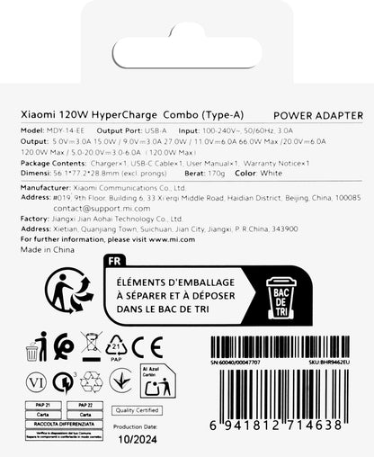 Punjač za mrežu s USB-C kabelom Xiaomi, 120W, 6A, 1 x USB-A, Bijeli BHR9462EU