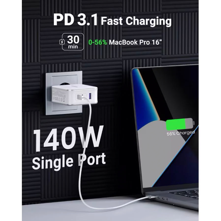 Punjač za mrežu s USB-C kabelom UGREEN CD289, 140W, 5A, 1 x USB-A - 2 x USB-C, Bijeli