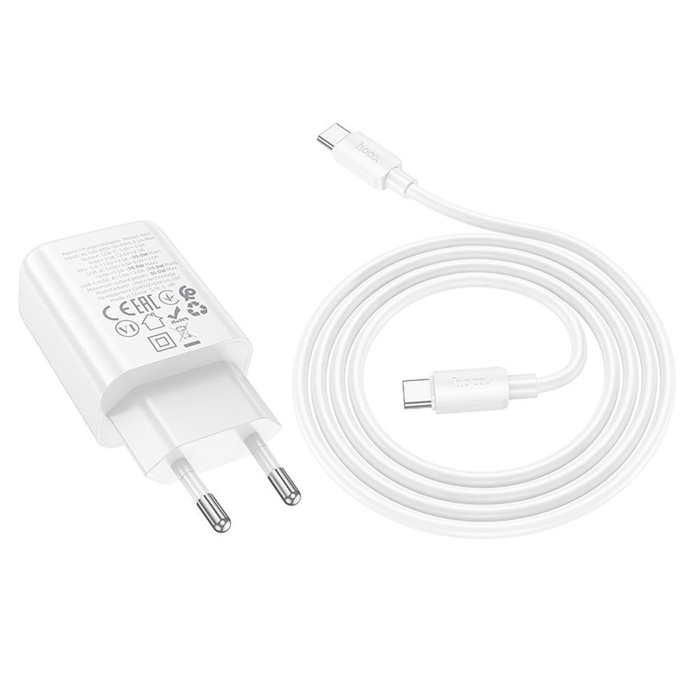 Punjač za mrežu s USB-C kabelom HOCO N63, 30W, 3A, 1 x USB-A - 1 x USB-C, Bijeli