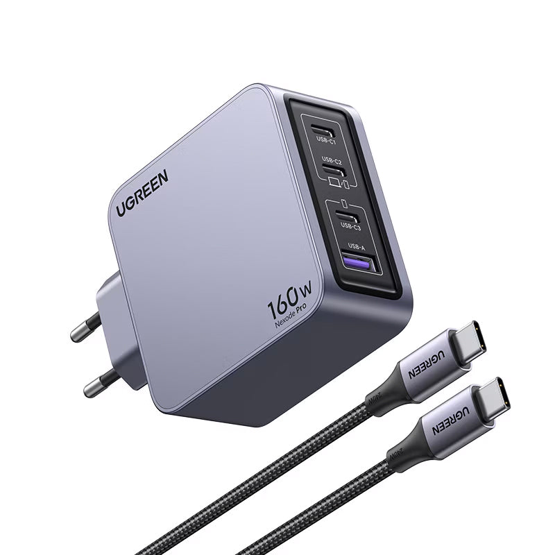 Punjač za mrežu s USB-C kabelom UGREEN X763 Nexode Pro, 160W, 3.25A, 1 x USB-A - 3 x USB-C, Sivi