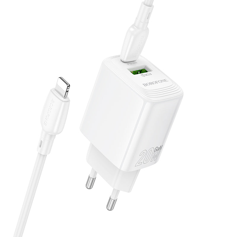 Punjač mreže s Lightning kabelom Borofone BN27 Fuente, 20W, 3A, 1 x USB-A - 1 x USB-C, Bijeli