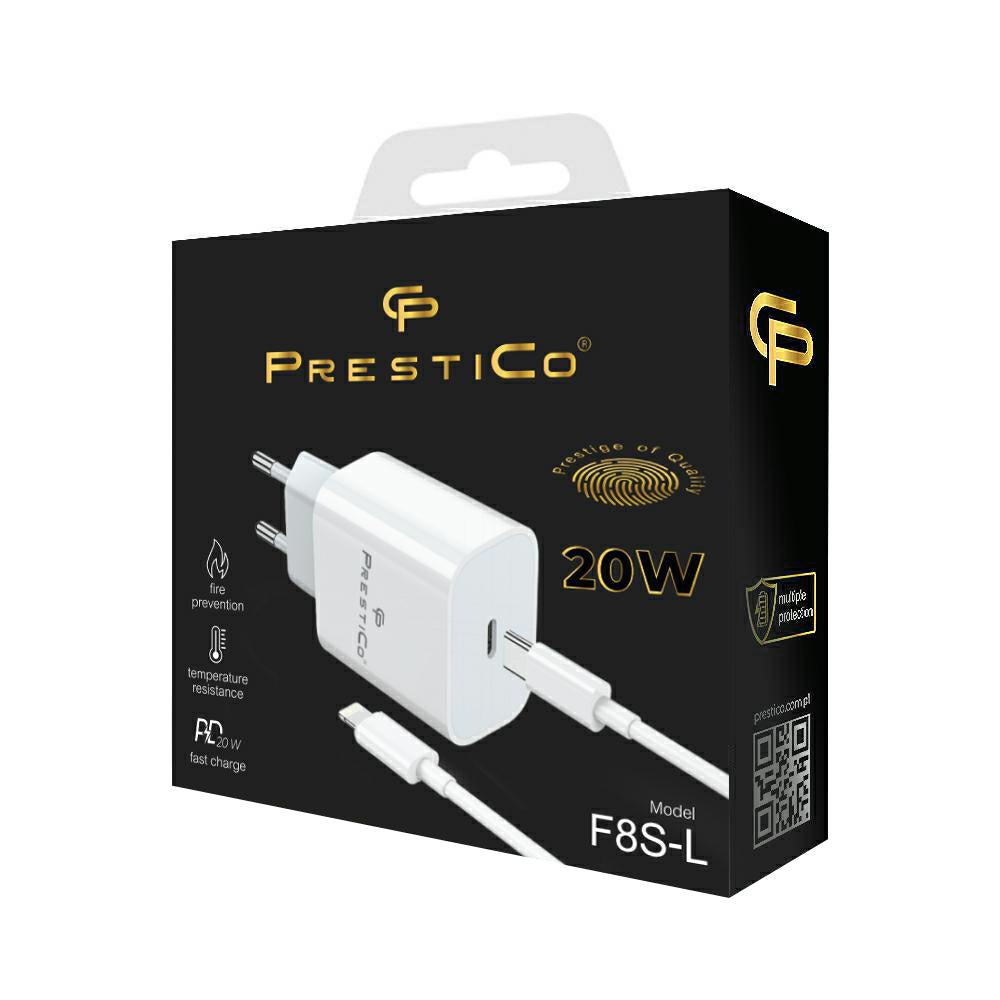 Punjač mreže s Lightning kabelom Prestico F8S, 20W, 3A, 1 x USB-C, Bijeli