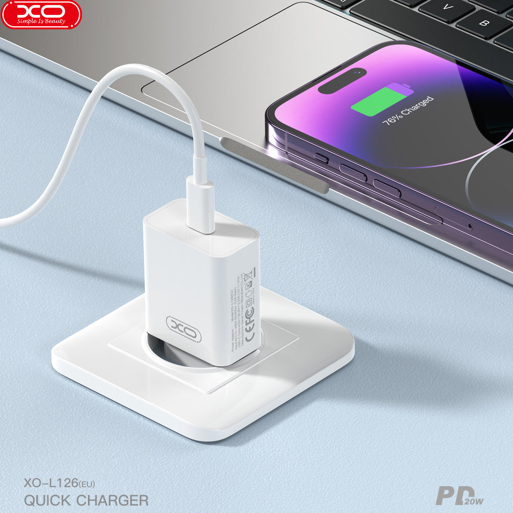 Punjač za mrežu s USB-C kabelom XO Design L126, 20W, 3A, 1 x USB-C, Bijeli