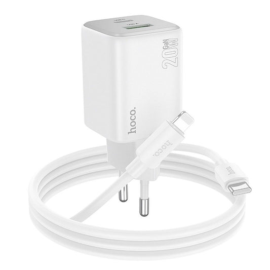 Punjač za mrežu s Lightning kabelom HOCO N41, 20W, 3A, 1 x USB-A - 1 x USB-C, Bijeli