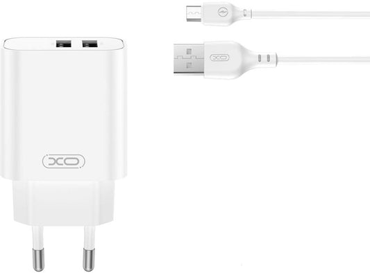 Punjač za mrežu s microUSB kabelom XO Design CE34, 12W, 2.4A, 2 x USB-A, Bijeli