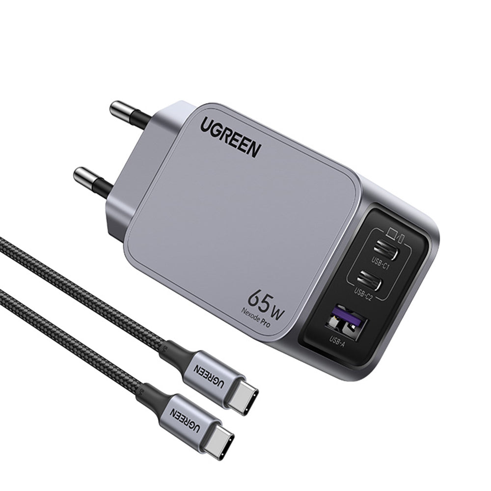 Punjač za mrežu s USB-C kabelom UGREEN X755 Nexode Pro, 65W, 3A, 1 x USB-A - 2 x USB-C, Sivi