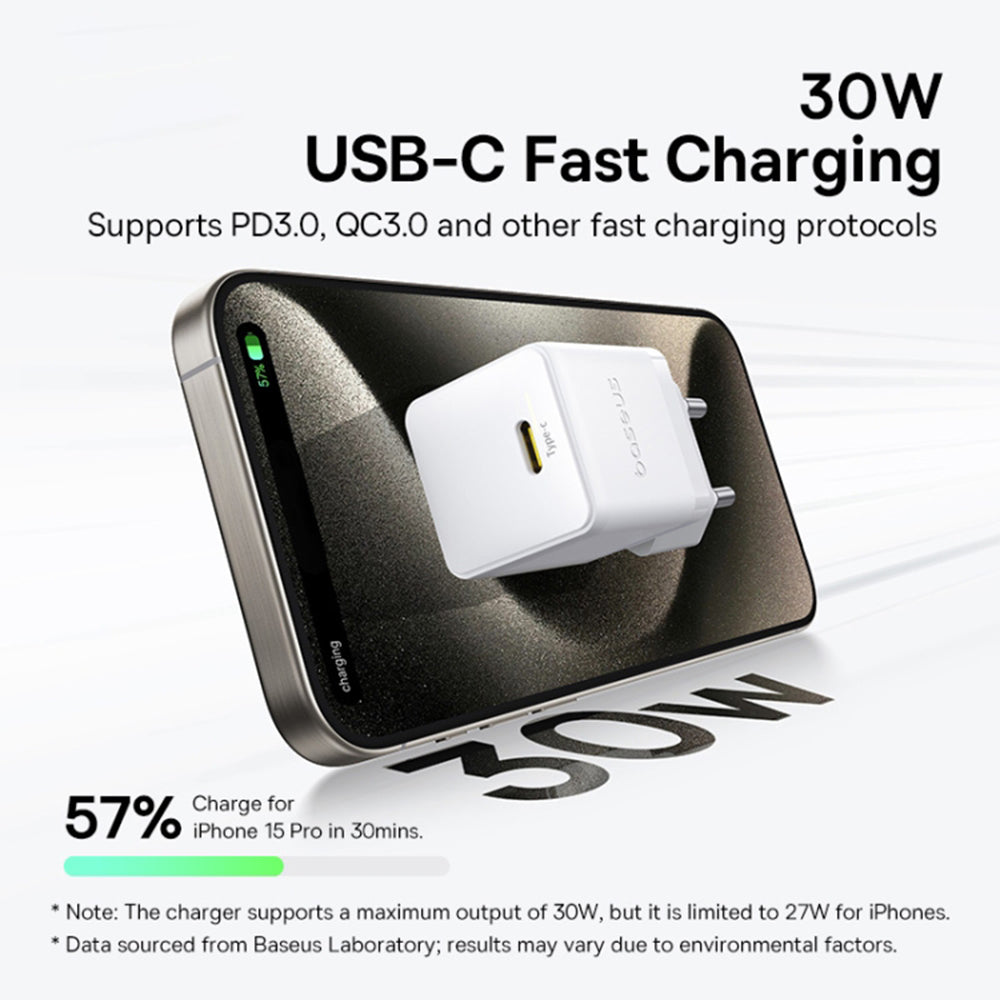Punjač mreže s USB-C kabelom Baseus Palm, 30W, 3A, 1 x USB-C, Bijeli P10111605213-01