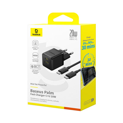 Mrežni punjač s USB-C kabelom Baseus Palm, 20W, 3A, 1 x USB-A - 1 x USB-C, Crni P10111608113-01