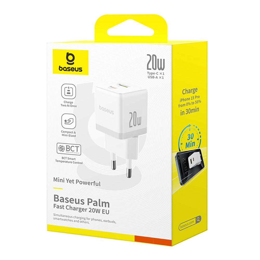Punjač mreže s USB-C kabelom Baseus Palm, 20W, 3A, 1 x USB-A - 1 x USB-C, Bijeli P10111608213-01