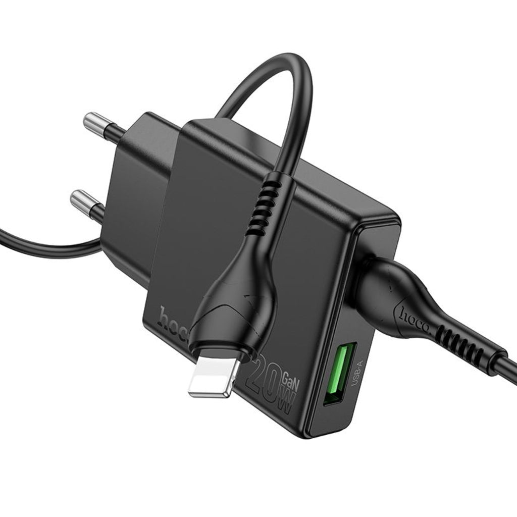 Punjač za mrežu s Lightning kabelom HOCO N38, 20W, 3A, 1 x USB-A - 1 x USB-C, Crni