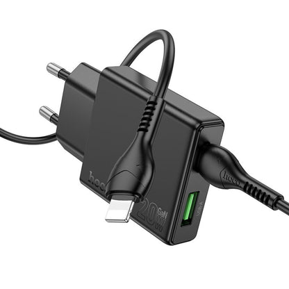 Punjač za mrežu s Lightning kabelom HOCO N38, 20W, 3A, 1 x USB-A - 1 x USB-C, Crni