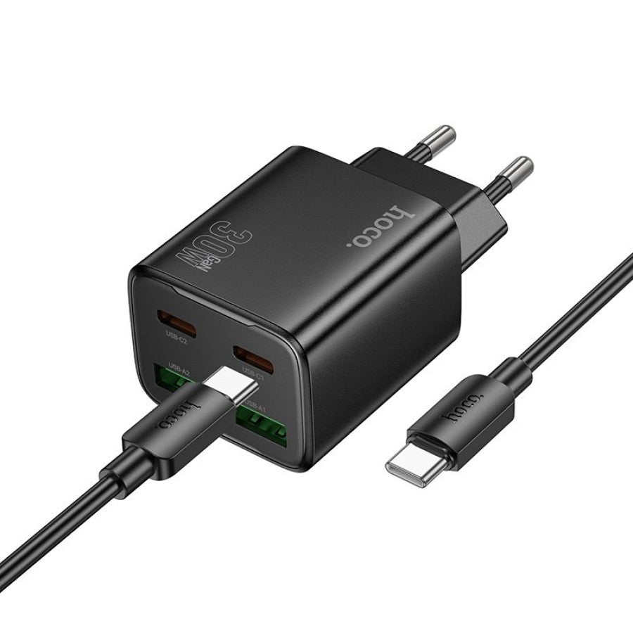 Punjač za mrežu s USB-C kabelom HOCO N56, 30W, 3A, 2 x USB-A - 2 x USB-C, Crni