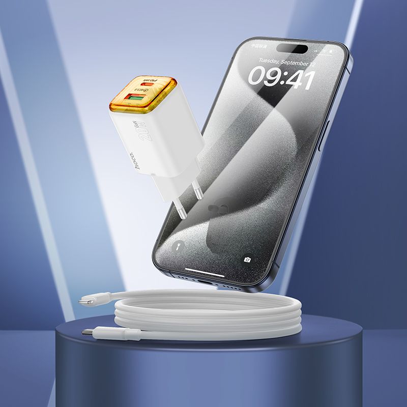 Punjač za mrežu s USB-C kabelom HOCO N52, 20W, 3A, 1 x USB-A - 1 x USB-C, Bijeli
