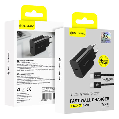 Punjač za mrežu s USB-C kabelom Blavec BC-7, 45W, 3A, 1 x USB-C, Crni