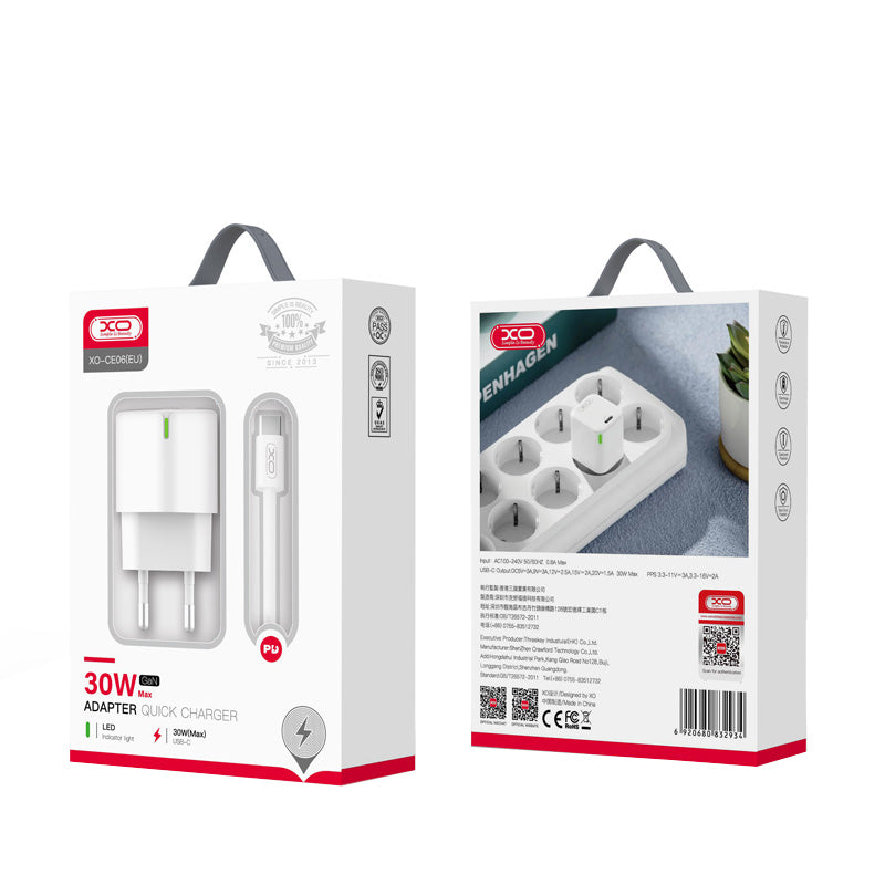 Mrežni punjač s USB-C kabelom XO Design CE06, 30W, 3A, 1 x USB-C, Bijeli