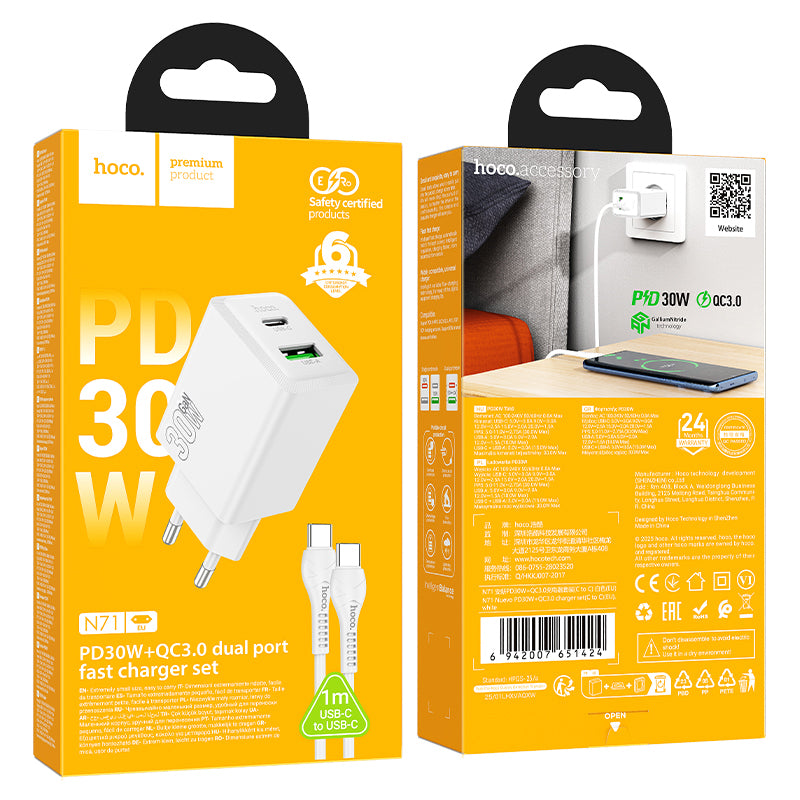Punjač za mrežu s USB-C kabelom HOCO N71, 30W, 3A, 1 x USB-A - 1 x USB-C, Bijeli