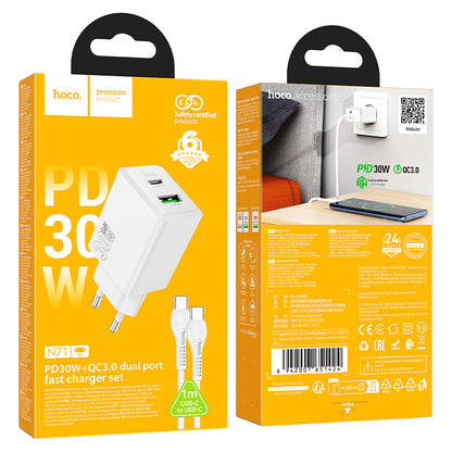 Punjač za mrežu s USB-C kabelom HOCO N71, 30W, 3A, 1 x USB-A - 1 x USB-C, Bijeli
