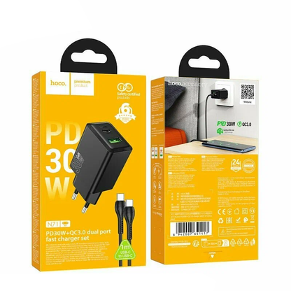 Punjač za mrežu s USB-C kabelom HOCO N71, 30W, 3A, 1 x USB-A - 1 x USB-C, Crni