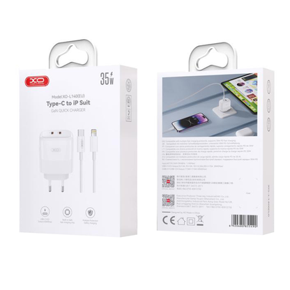 Punjač za mrežu s Lightning kabelom XO Design L140, 35W, 3A, 2 x USB-C, Bijeli