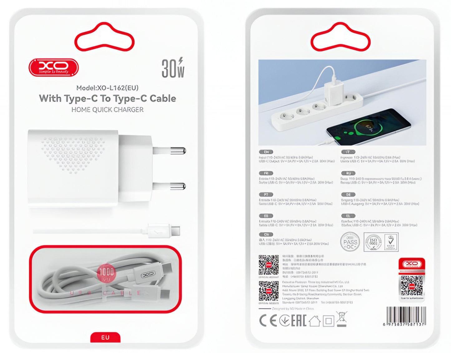 Punjač za mrežu s USB-C kabelom XO Design L162, 30W, 3A, 1 x USB-C, Bijeli