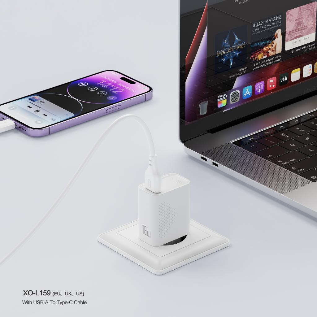 Punjač za mrežu s USB-C kabelom XO Design L159, 18W, 3A, 1 x USB-A, Bijeli