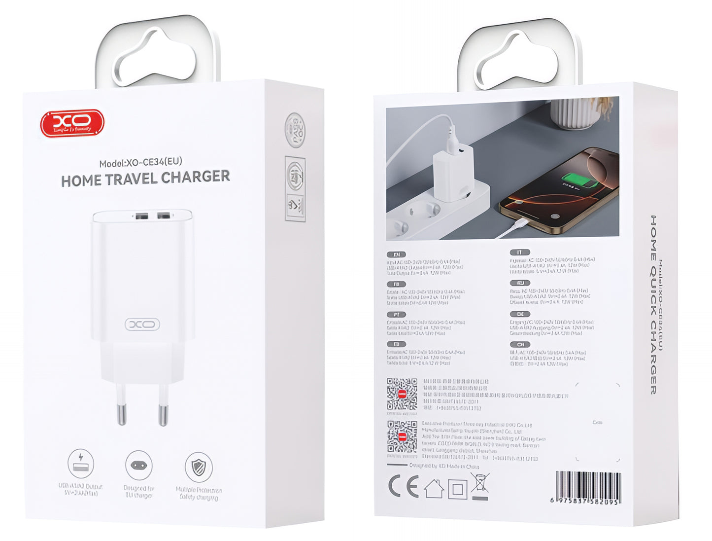 Punjač za mrežu s Lightning kabelom XO Design CE34, 12W, 2.4A, 2 x USB-A, Bijeli