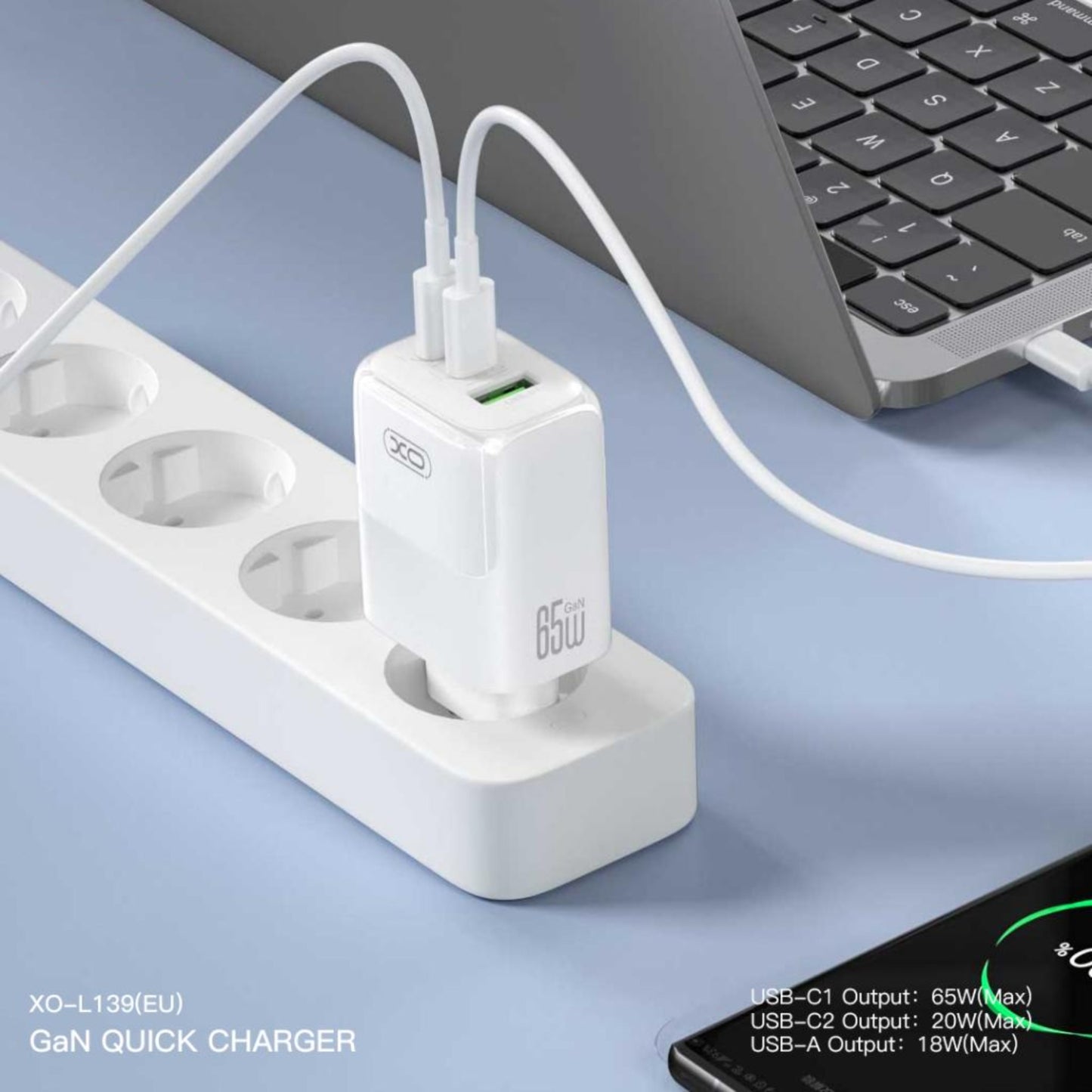 Punjač za mrežu s USB-C kabelom XO Design L139, 65W, 4.5A, 1 x USB-A - 2 x USB-C, Bijeli