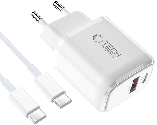 Punjač mreže s USB-C kabelom Tech-Protect NCA45W, 45W, 3A, 1 x USB-A - 1 x USB-C, Bijeli