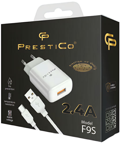 Punjač mreže s USB-C kabelom Prestico F9S, 12W, 2.4A, 1 x USB-A, Bijeli