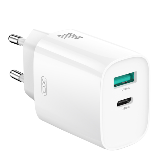 Punjač za mrežu s USB-C kabelom XO Design CE30, 30W, 3A, 1 x USB-A - 1 x USB-C, Bijeli