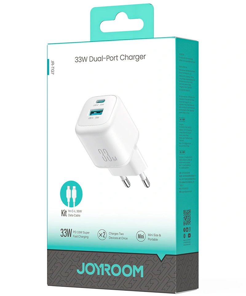 Punjač mreže s Lightning kabelom Joyroom JR-TG7, 33W, 3A, 1 x USB-A - 1 x USB-C, Bijeli