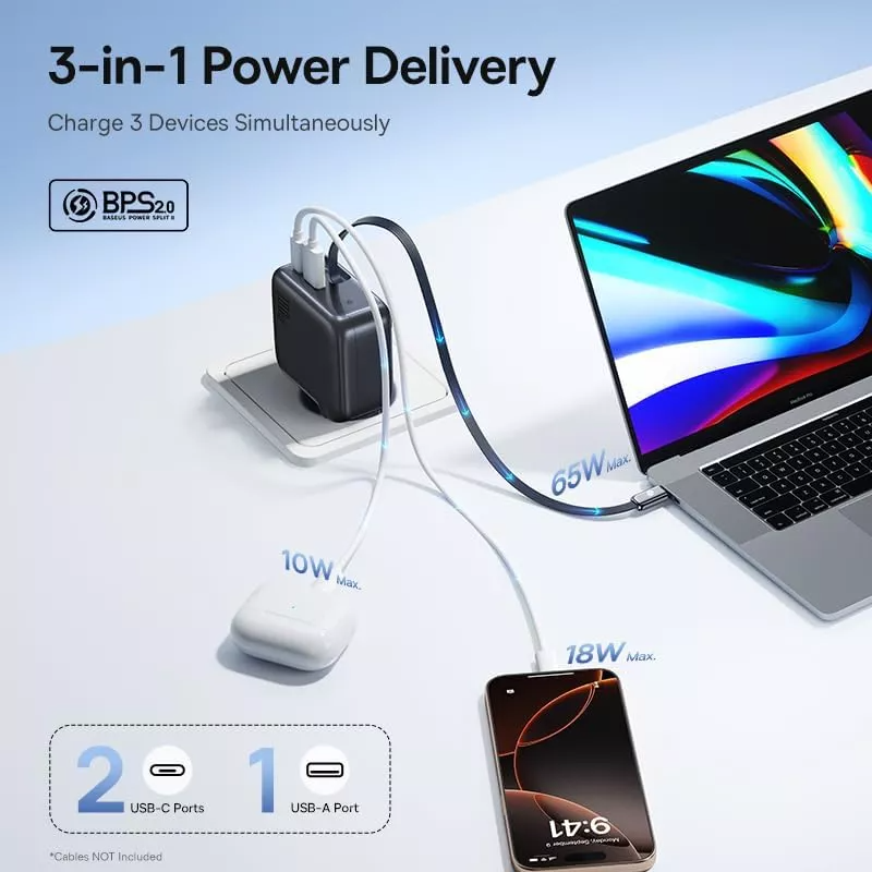 Punjač mreže s USB-C kabelom Baseus EnerCore CJ11, 100W, 1 x USB-A - 2 x USB-C, Crni E0120M00