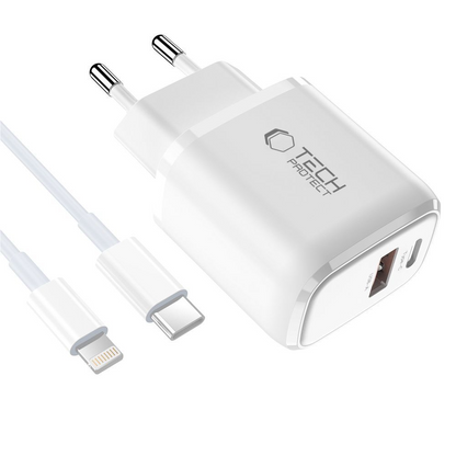 Mrežni punjač s Lightning kabelom Tech-Protect NCA20, 20W, 3A, 1 x USB-A - 1 x USB-C, Bijeli