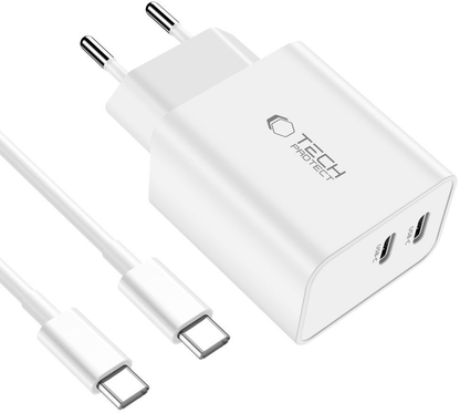 Mrežni punjač s USB-C kabelom Tech-Protect C35W, 35W, 3A, 2 x USB-C, Bijeli