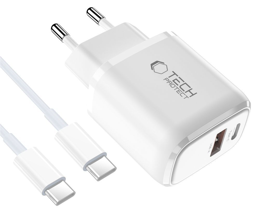 Punjač za mrežu s USB-C kabelom Tech-Protect NCA20, 20W, 3A, 1 x USB-A - 1 x USB-C, Bijela
