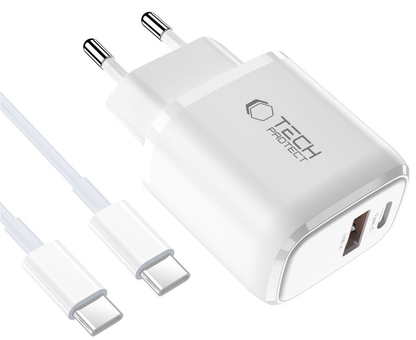 Punjač za mrežu s USB-C kabelom Tech-Protect NCA20, 20W, 3A, 1 x USB-A - 1 x USB-C, Bijela