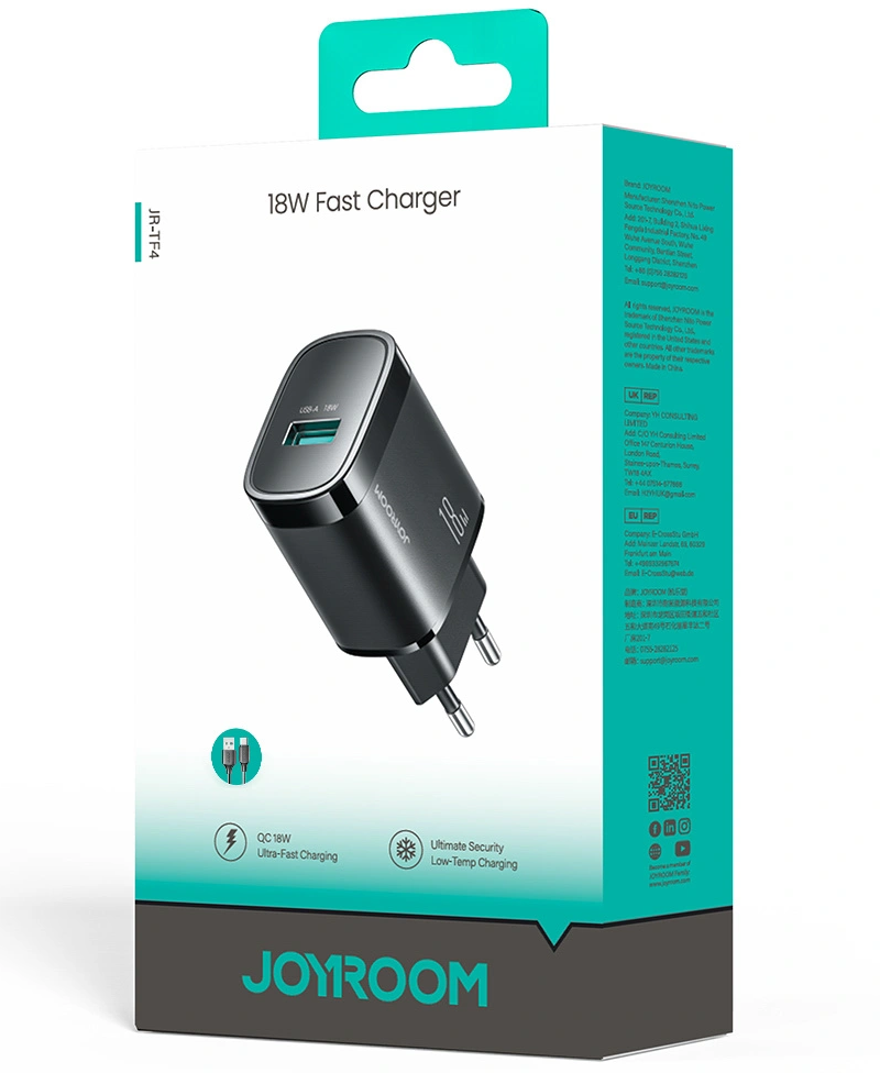 Punjač za mrežu s USB-C kabelom Joyroom JR-TF4, 18W, 3A, 1 x USB-A, Crni