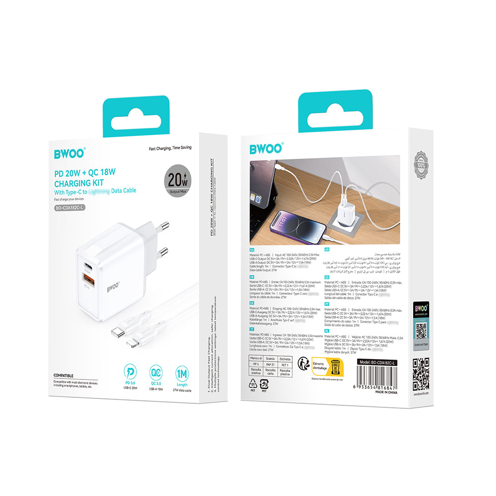 Punjač za mrežu s Lightning kabelom BWOO CDA182, 38W, 3A, 1 x USB-A - 1 x USB-C, Bijela