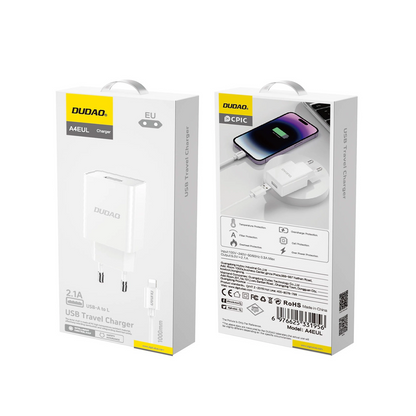 Punjač za mrežu s Lightning kabelom Dudao A4EU, 10W, 2.1A, 1 x USB-A, Bijeli