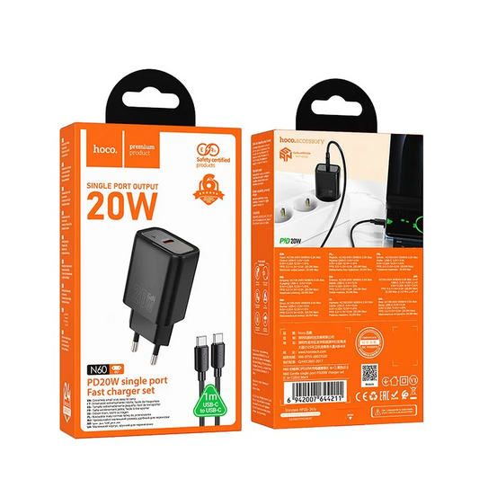 Punjač za mrežu s Lightning kabelom HOCO N60, 20W, 3A, 1 x USB-C, Crni