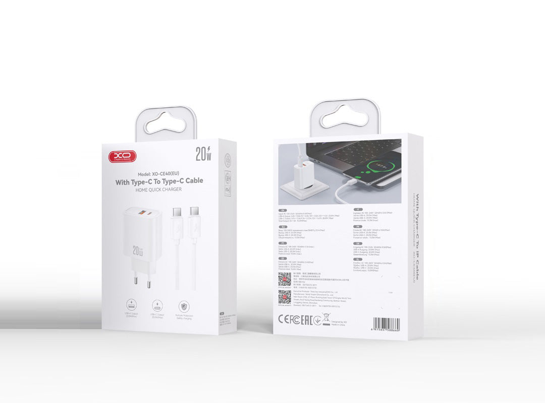 Punjač za mrežu s USB-C kabelom XO Design CE40, 20W, 3A, 1 x USB-A - 1 x USB-C, Bijela