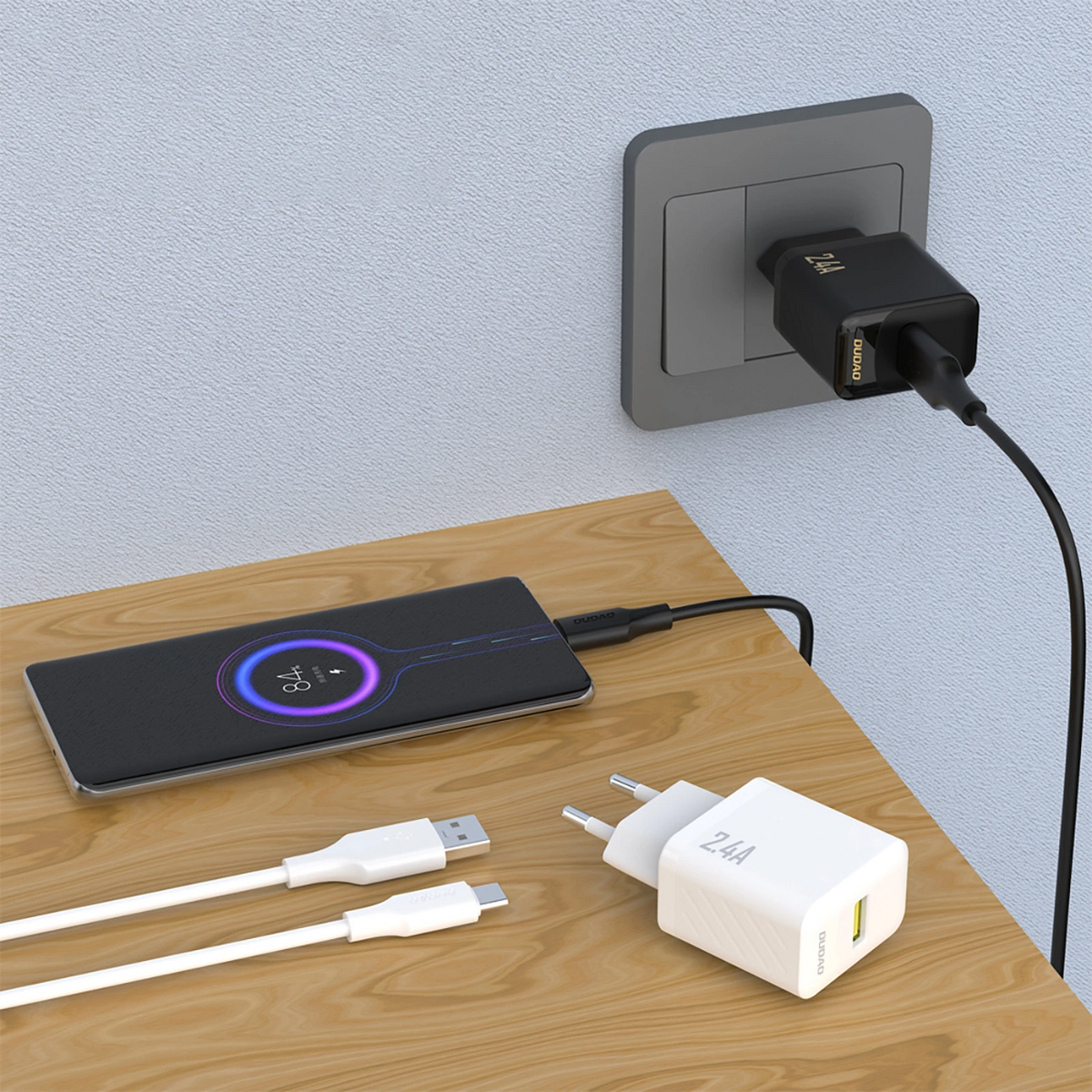 Mrežni punjač s USB-C kabelom Dudao A23TEU, 12W, 2.4A, 1 x USB-A, Crni
